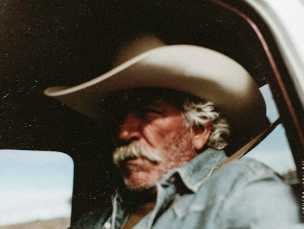 Portrait of an older man in a cowboy hat inside a truck