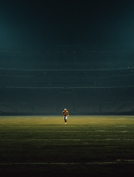 Lone figure on a floodlit field at night