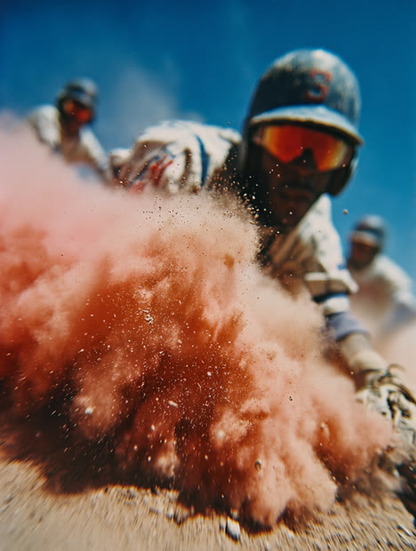 Baseball player sliding into base in a cloud of dust