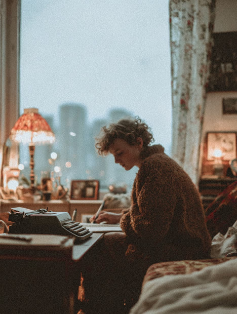 Writer at a typewriter beside a city window